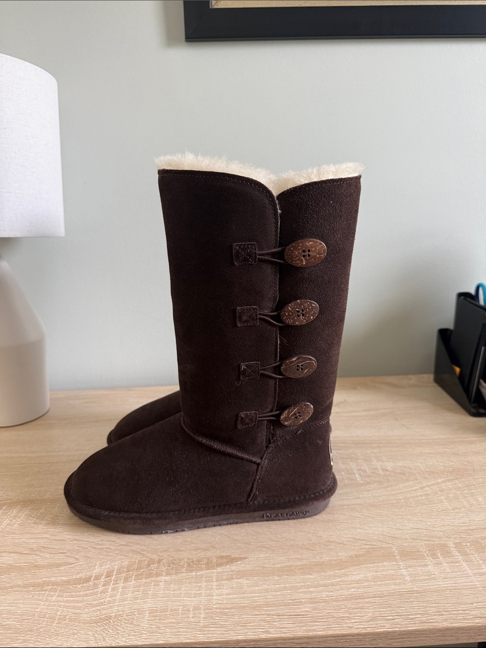 BearPaw Dark Brown Button-Trim Shearling Boots
